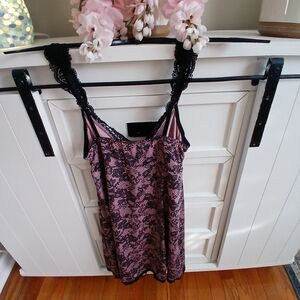 Elegant Lace Trim Nightgown - Black and Pink